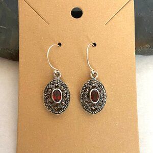 Sterling Silver 925 Oval Garnet & Marcasite Dangle Drop Earrings